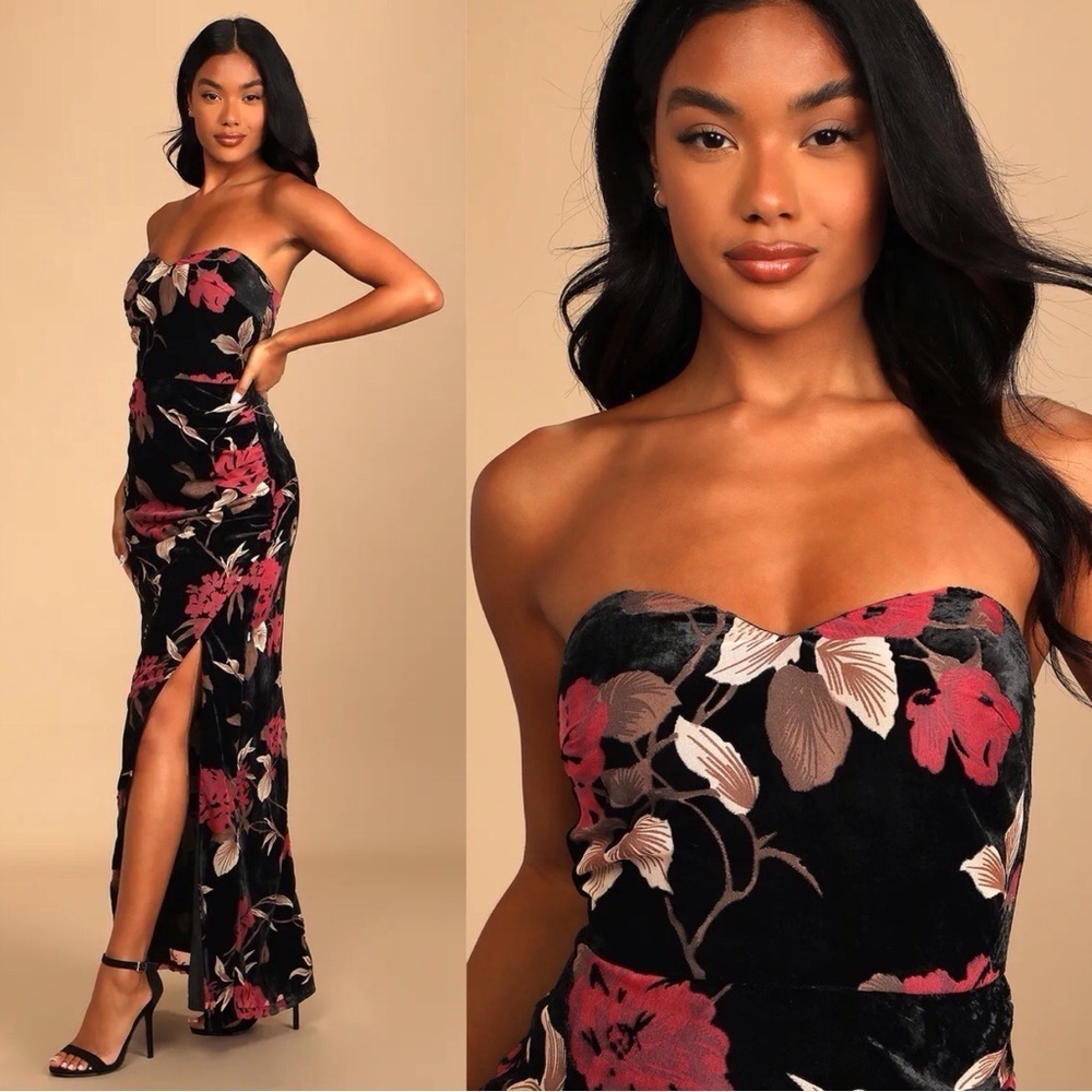 Lulus Exquisite Black Floral Burnout Velvet Strapless Maxi Dress NWT - Picture 4 of 16